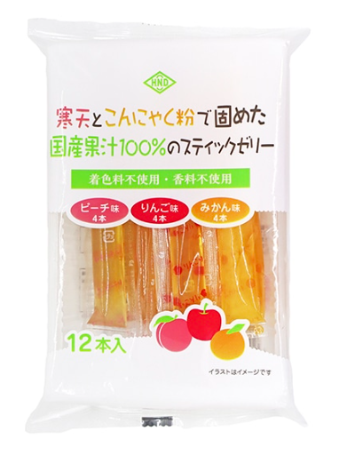 寒天とこんにゃく粉で固めた国産果汁100％のスティックゼリー